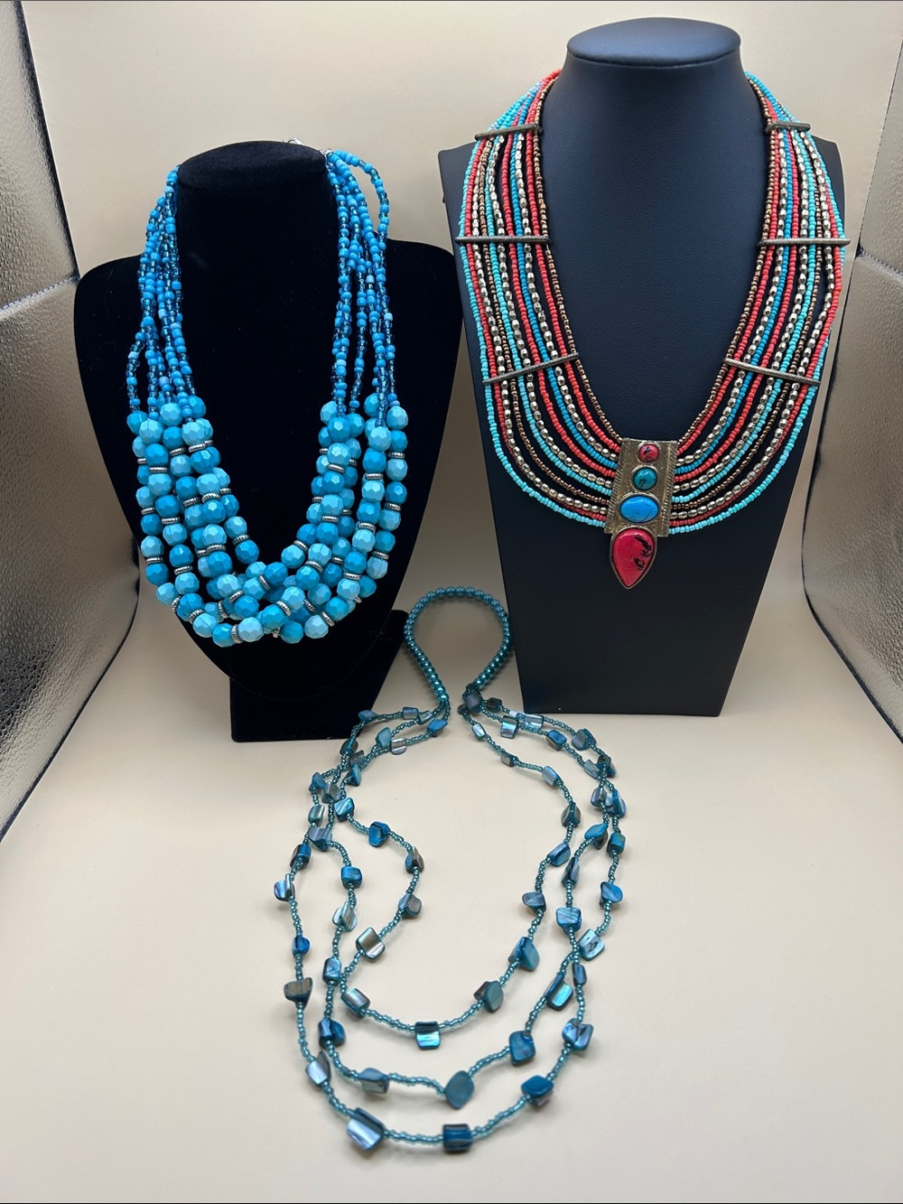 Trio necklace bundle in blue . 3 necklaces made of beads,shell and metals